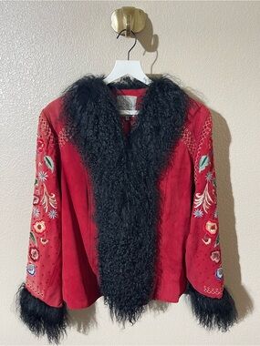 Double D Ranch Stunning Red Embroidered Jacket with Black Mongolian Fur Trim
